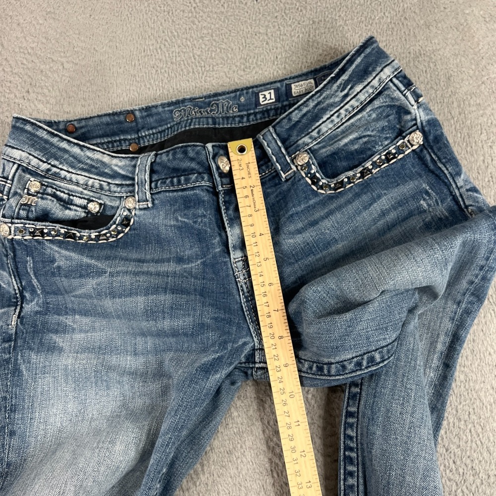 Miss Me Jeans Womens 31 Easy Boot Mid Rise Embellished Rhinestone Blue Denim - Picture 4 of 14